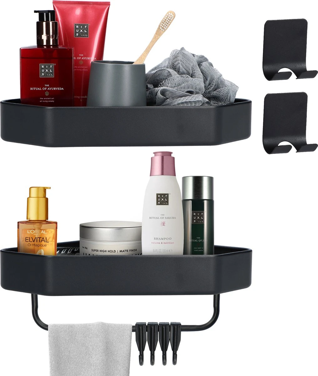 ACE Goods® Doucherek Zwart Hangend – Badkamerrek – Doucherek 2 Laags – Badkamerrekje Hoekrek Douche – Inclusief Haakjes 3 ACE Goods® Doucherek Zwart Hangend – Badkamerrek – Doucherek 2 Laags – Badkamerrekje Hoekrek Douche – Inclusief Haakjes