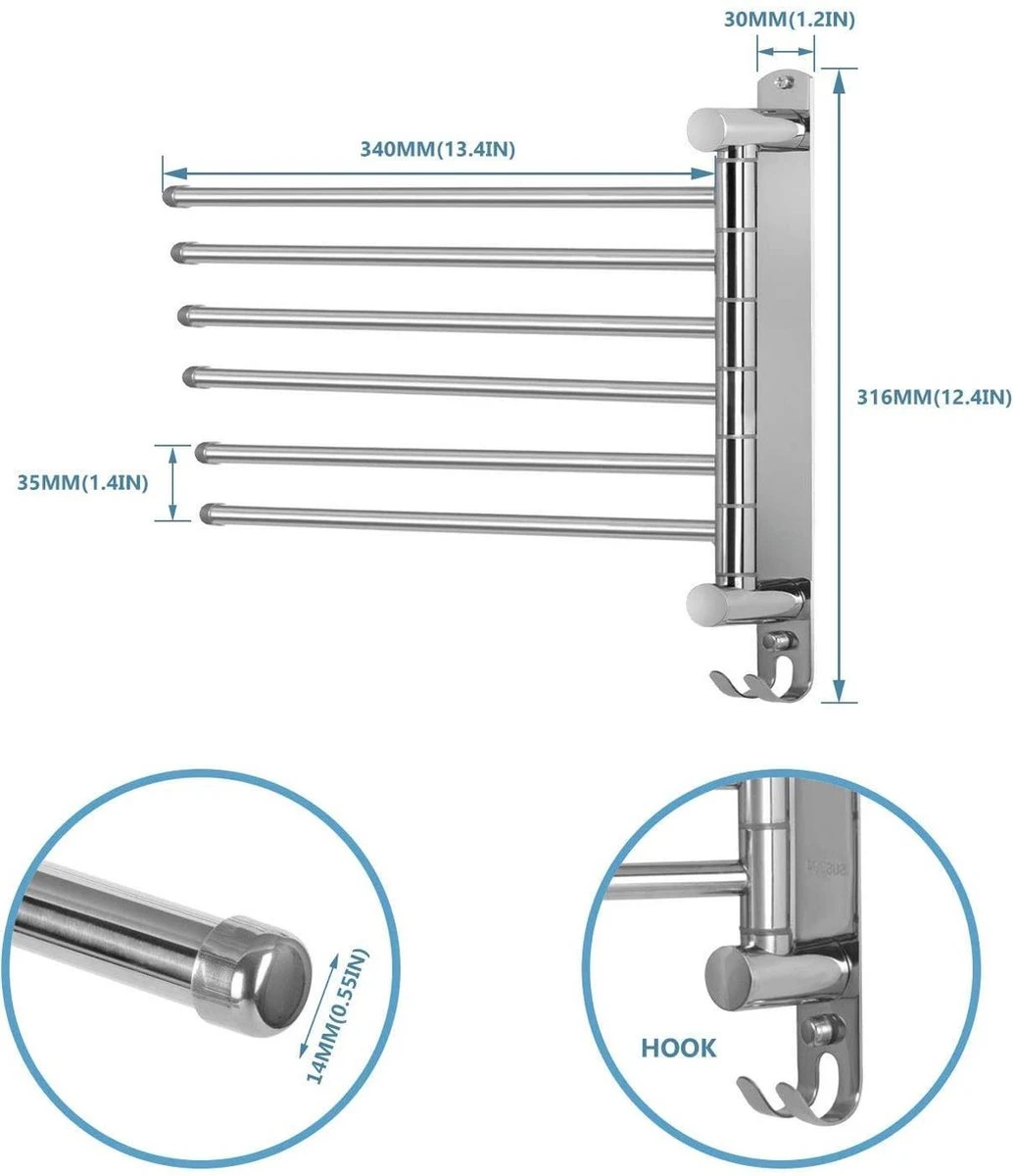 Handdokenrek Badkamer - Handdoekhouder RVS 180° Draaibare Badhanddoekhouder Met 6 Armen Zwenkarm Handdoekenrek Wandmontage Met Haken Badkamerhanddoekhouders Voor Badkamer, Keuken En Kledingkast - (WK 02123) 5 Handdokenrek Badkamer - Handdoekhouder RVS 180° Draaibare Badhanddoekhouder Met 6 Armen Zwenkarm Handdoekenrek Wandmontage Met Haken Badkamerhanddoekhouders Voor Badkamer, Keuken En Kledingkast - (WK 02123) - Afbeelding 3