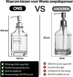 Wonix® - Zeepdispenser - Zeeppompje - Transparant Glas - RVS Pompkop - Met Stickers - 350ml - 2 Stuks -Badkamerartikelen Winkel 1136x1200 1