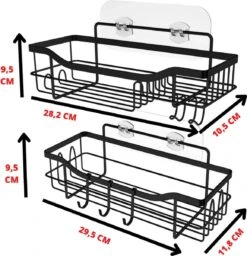 STRICX Doucherek 2 Laags Zwart - Zelfklevend Doucherek Inclusief 3 Ophanghaakjes - Doucherek Voor Badkamer / Keuken - Doucherek Met Plakstrip - Keukenrek Met Plakstrip - Badrek Douche - Kruidenrek Specerijen - Badkamerrek Douchemandje -Badkamerartikelen Winkel 1157x1200 2