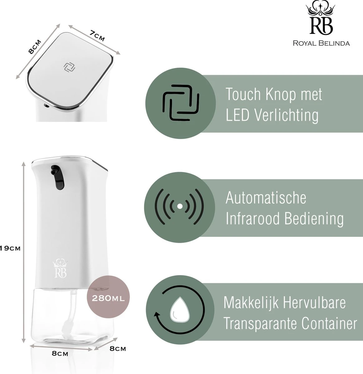 Royal Belinda Automatische Zeepdispenser - 280 ML Schuimdispenser Met Sensor - Wandmontage - No Touch - Zeeppompje - Wit 9 Royal Belinda Automatische Zeepdispenser - 280 ML Schuimdispenser Met Sensor - Wandmontage - No Touch - Zeeppompje - Wit - Afbeelding 7