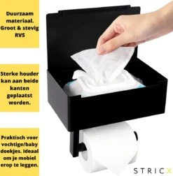 STRICX Toiletrolhouder - Zwart - Zonder Boren - Toilet Rol Houder Tissuebox - Zelfklevend - WC Rolhouder Met Opbergvak Voor Babydoekjes - Met Plankje - Toiletaccessoires -Badkamerartikelen Winkel 1178x1200