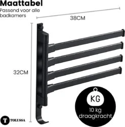 Tolussa Handdoekrek Badkamer Zwart - 38 CM - Handdoekhouder Zwart - Handdoekenrek Badkamer - Draaibaar -Badkamerartikelen Winkel 1178x1200 3