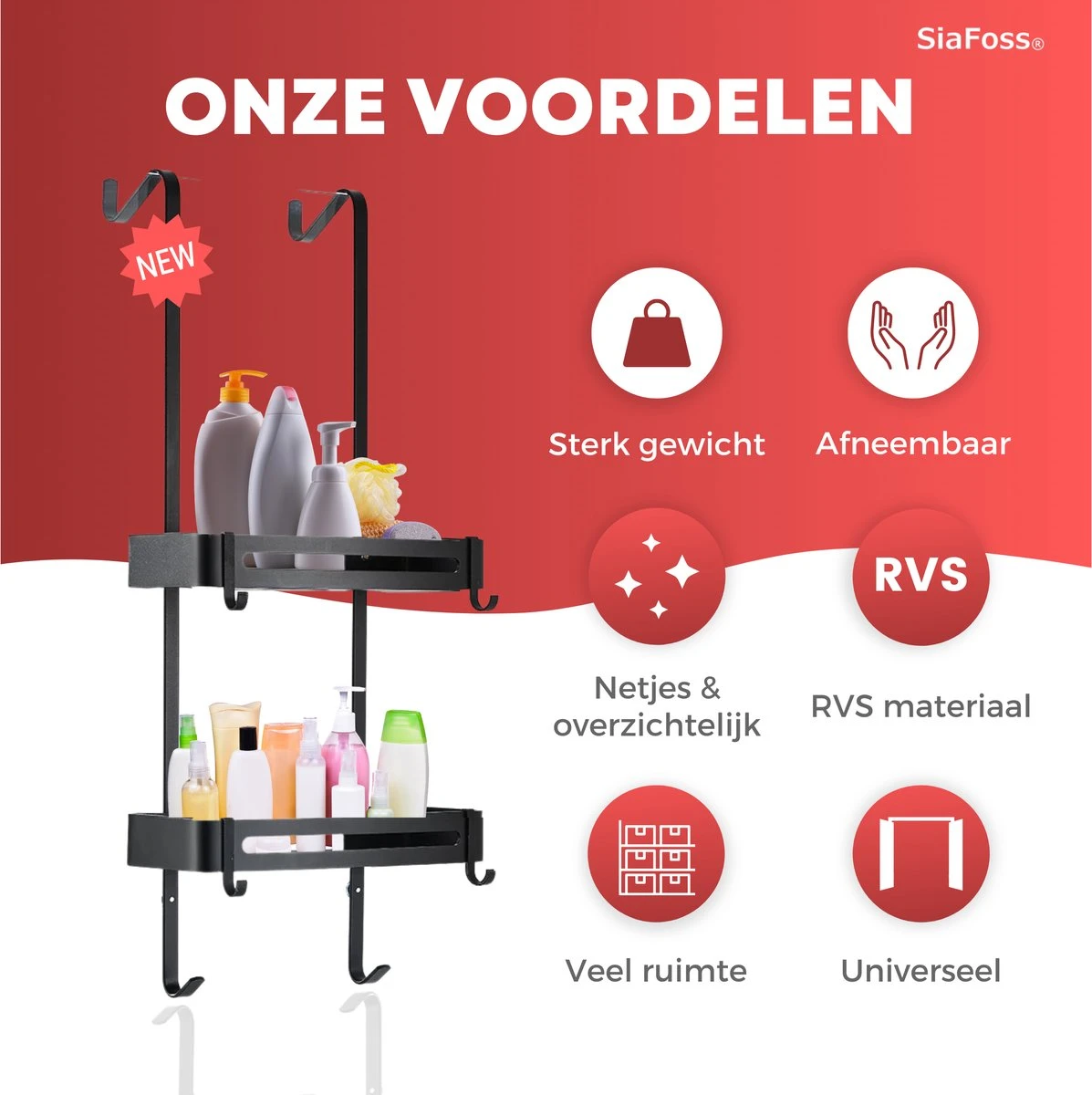 SIAFOSS Doucherek XL Zonder Boren Doucherek Hangend - 100% Stevig - 100% RVS - Hangend Badkamerrekje - Doucherek Aan Douchewand - Badkamer Accessoires - RVS Zwart - 2 Laags - Douchemand 6 SIAFOSS Doucherek XL Zonder Boren Doucherek Hangend - 100% Stevig - 100% RVS - Hangend Badkamerrekje - Doucherek Aan Douchewand - Badkamer Accessoires - RVS Zwart - 2 Laags - Douchemand - Afbeelding 4