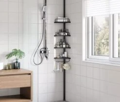 Verstelbaar Doucherek - 85-305 Cm - Van Vloer Tot Plafond - Met 4 Vakken - 3 Haken - Zwart -Badkamerartikelen Winkel 1200x1017 1