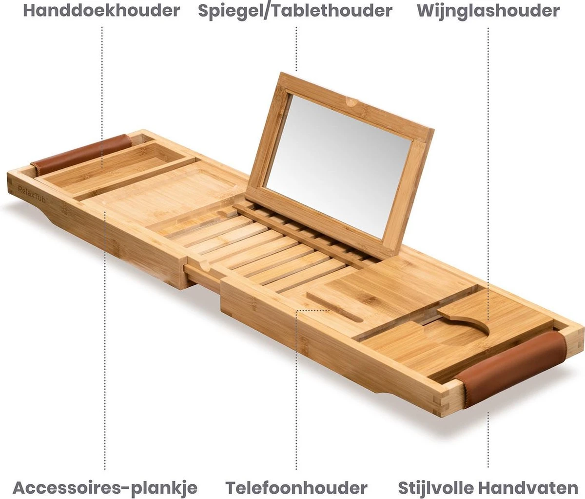 RelaxTub® Badplank - Badplank Voor In Bad - Badrek - Verstelbaar - Anti Slip - Badplank Bamboe - Badplank Hout - Badrekje Inclusief Boekenhouder, Tablethouder & Spiegel 4 RelaxTub® Badplank - Badplank Voor In Bad - Badrek - Verstelbaar - Anti Slip - Badplank Bamboe - Badplank Hout - Badrekje Inclusief Boekenhouder, Tablethouder & Spiegel - Afbeelding 2