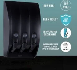 Aquathof, Zeepdispenser, Mat Zwart, 3 Kamer, 3 Reservoirs, 3x350ml, Hangend, Wandmontage -Badkamerartikelen Winkel 1200x1089 5