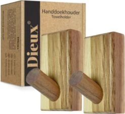 Dieux® - Luxe Handdoekhaakjes Zelfklevend - Handdoekhouder - Wandhaak - Acaciahout Haken - Zelfklevende Haakjes - Handdoeken - Handdoekrek - Badkamer - Keuken - Pasen