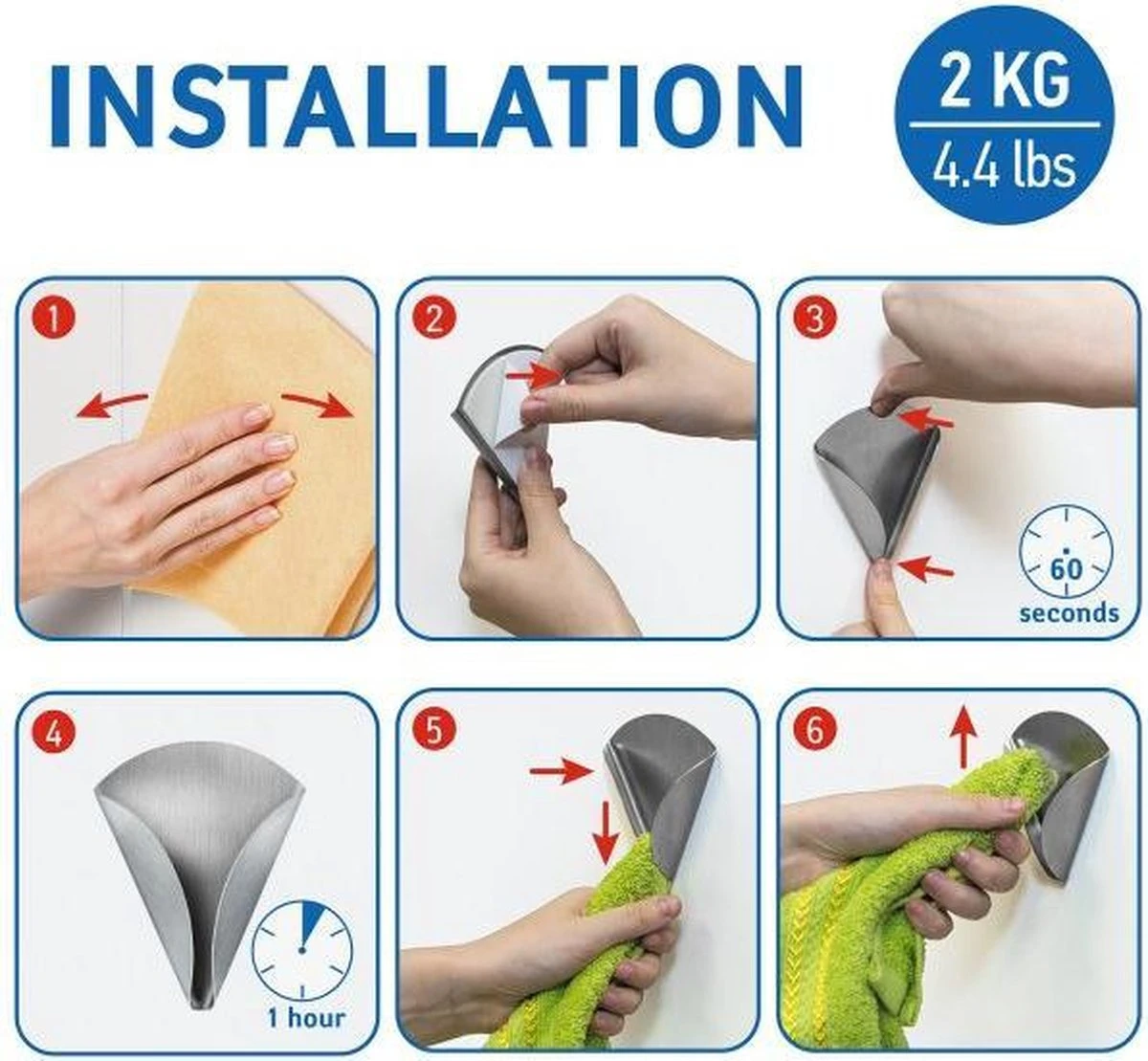 Zelfklevende Handdoekhouder Haakjes Set - Wand Ophang Haak Zelfklevend -Handdoekklem Keuken Ophanghaak Zonder Boren - Wand Theedoek / Handdoek Klem Houder - RVS - Set Van 4 Stuks - EVA 6 Zelfklevende Handdoekhouder Haakjes Set - Wand Ophang Haak Zelfklevend -Handdoekklem Keuken Ophanghaak Zonder Boren - Wand Theedoek / Handdoek Klem Houder - RVS - Set Van 4 Stuks - EVA - Afbeelding 4