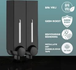 Aquathof, Zeepdispenser, Mat Zwart, 2 Kamer, 2 Reservoirs, 2x250ml - Hangend - Wandmontage -Badkamerartikelen Winkel 1200x1112 3