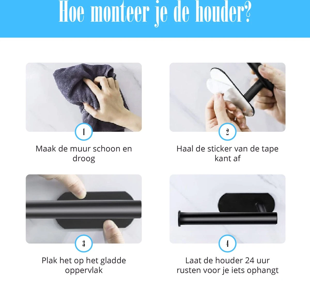 Flusive Toiletrolhouder Met 4 Handdoekhaakjes - Wc Rolhouder - Zelfklevend Zonder Boren - RVS - Zwart 8 Flusive Toiletrolhouder Met 4 Handdoekhaakjes - Wc Rolhouder - Zelfklevend Zonder Boren - RVS - Zwart - Afbeelding 6