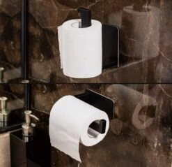 Merkloos Novalits - RVS Toiletrolhouder Zonder Boren - WC Rolhouder Zelfklevend - Inclusief RVS Handdoekhaakje - Zwart -Badkamerartikelen Winkel 1200x1163