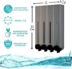 Aquathof, Zeepdispenser, RVS Kleur, 4 Kamer, 4 Reservoirs, 4x500ml, Hangend - Wandmontage -Badkamerartikelen Winkel 1200x1163 8