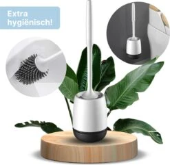 Merkloos Toiletborstel Siliconen Met Houder - Luxe WC Borstel - Vrijstaand Of Hangend - Antibacteriële Borstel Zonder Krassen - Sneldrogend - Wit Met Zwart