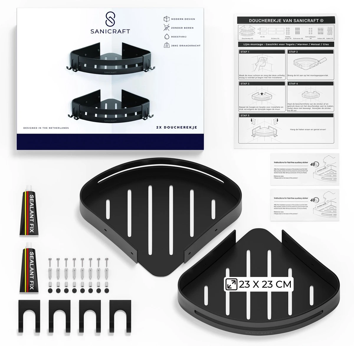 Sanicraft® Doucherekje - Doucherekje Zonder Boren - Geschikt Voor Elk Type Muur - Doucherekje Hangend - Doucheplank - Doucherekje Hoek - Doucherekje Zwart 7 Sanicraft® Doucherekje - Doucherekje Zonder Boren - Geschikt Voor Elk Type Muur - Doucherekje Hangend - Doucheplank - Doucherekje Hoek - Doucherekje Zwart - Afbeelding 5