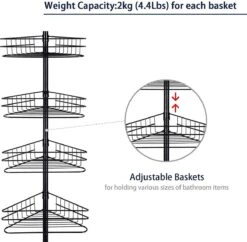 SensaHome Telescopisch Douche Rek Met 4 Lagen - Verstelbaar Bad / Douche Hoekrek Opbergrek - Uitschuifbaar Van 145-250 Cm - Zwart -Badkamerartikelen Winkel 1200x1174