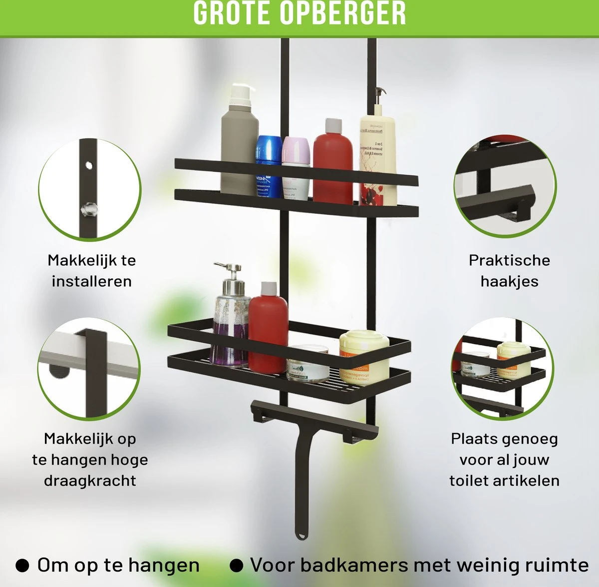 Doucherek Zonder Boren Inclusief Douchewisser - Aan Douchewand - Zwart - Ophangbaar - Zuignap - 2 Laags - Wiper - Shower Rack - Valentijnsdag Cadeau 5 Doucherek Zonder Boren Inclusief Douchewisser - Aan Douchewand - Zwart - Ophangbaar - Zuignap - 2 Laags - Wiper - Shower Rack - Valentijnsdag Cadeau - Afbeelding 3