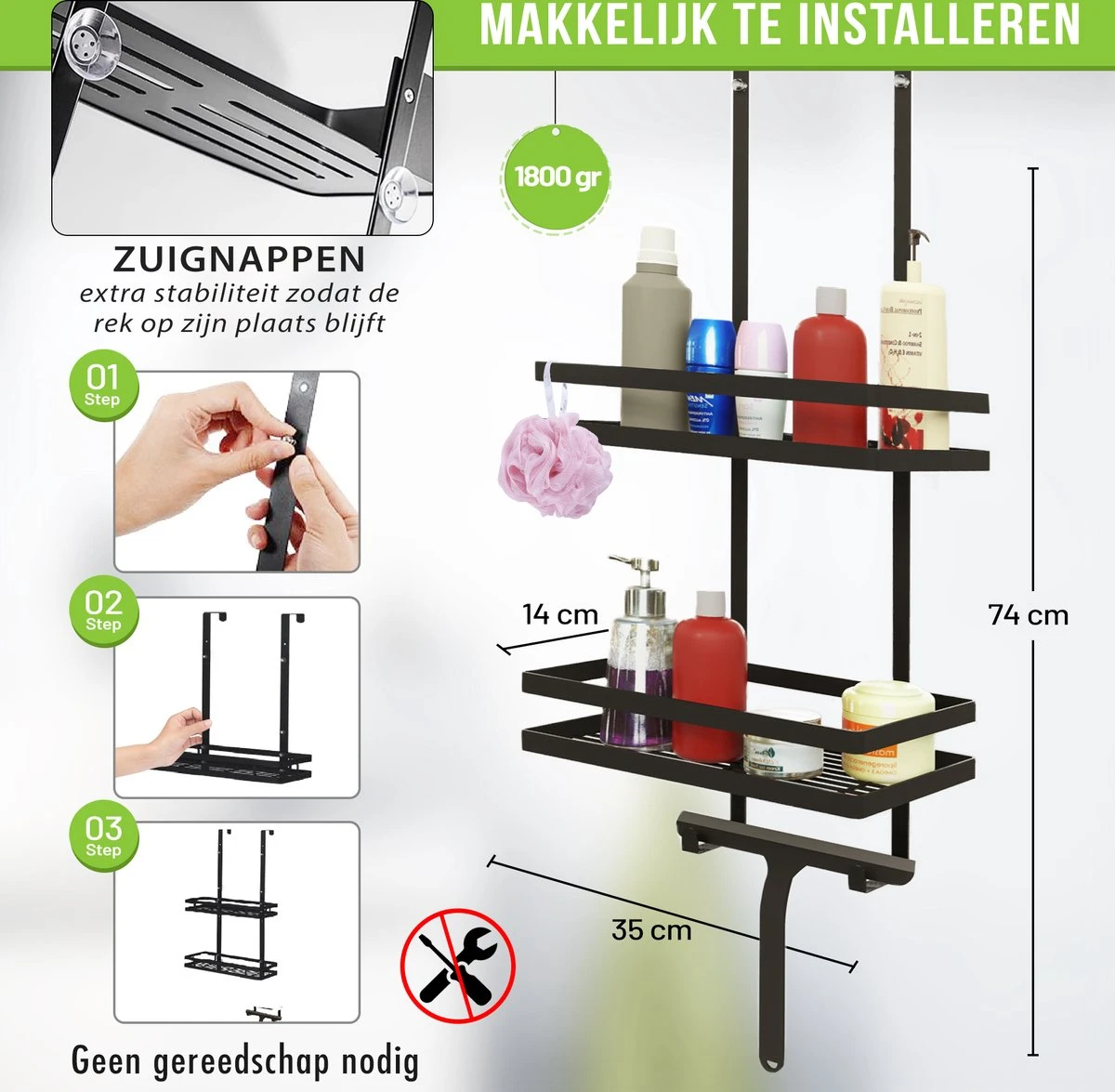 Doucherek Zonder Boren Inclusief Douchewisser - Aan Douchewand - Zwart - Ophangbaar - Zuignap - 2 Laags - Wiper - Shower Rack - Valentijnsdag Cadeau 12 Doucherek Zonder Boren Inclusief Douchewisser - Aan Douchewand - Zwart - Ophangbaar - Zuignap - 2 Laags - Wiper - Shower Rack - Valentijnsdag Cadeau - Afbeelding 10