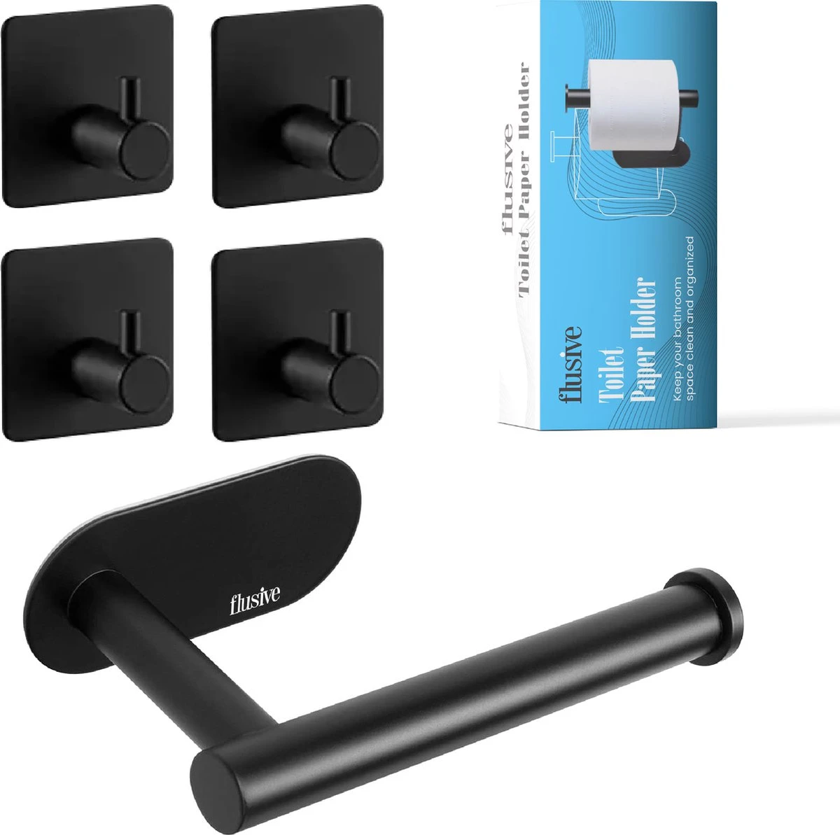 Flusive Toiletrolhouder Met 4 Handdoekhaakjes - Wc Rolhouder - Zelfklevend Zonder Boren - RVS - Zwart 3 Flusive Toiletrolhouder Met 4 Handdoekhaakjes - Wc Rolhouder - Zelfklevend Zonder Boren - RVS - Zwart