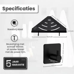 Dubbele Doucherek Zwart Zonder Boren – Sterke Lijmbasis - Badkamer Rek – Hoek – Doucherekjes – Incl. Schroeven – Incl. 2 Haken -Badkamerartikelen Winkel 1200x1198 27