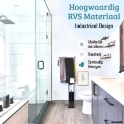 Mmoods Toiletbutler Zwart - WC Borstel Met Toiletrolhouder Vrijstaand - Toiletborstel Siliconen Industrieel Design Mmoods - Reserverolhouder Zonder Boren Staand Met Plankje RVS -Badkamerartikelen Winkel 1200x1200 1541