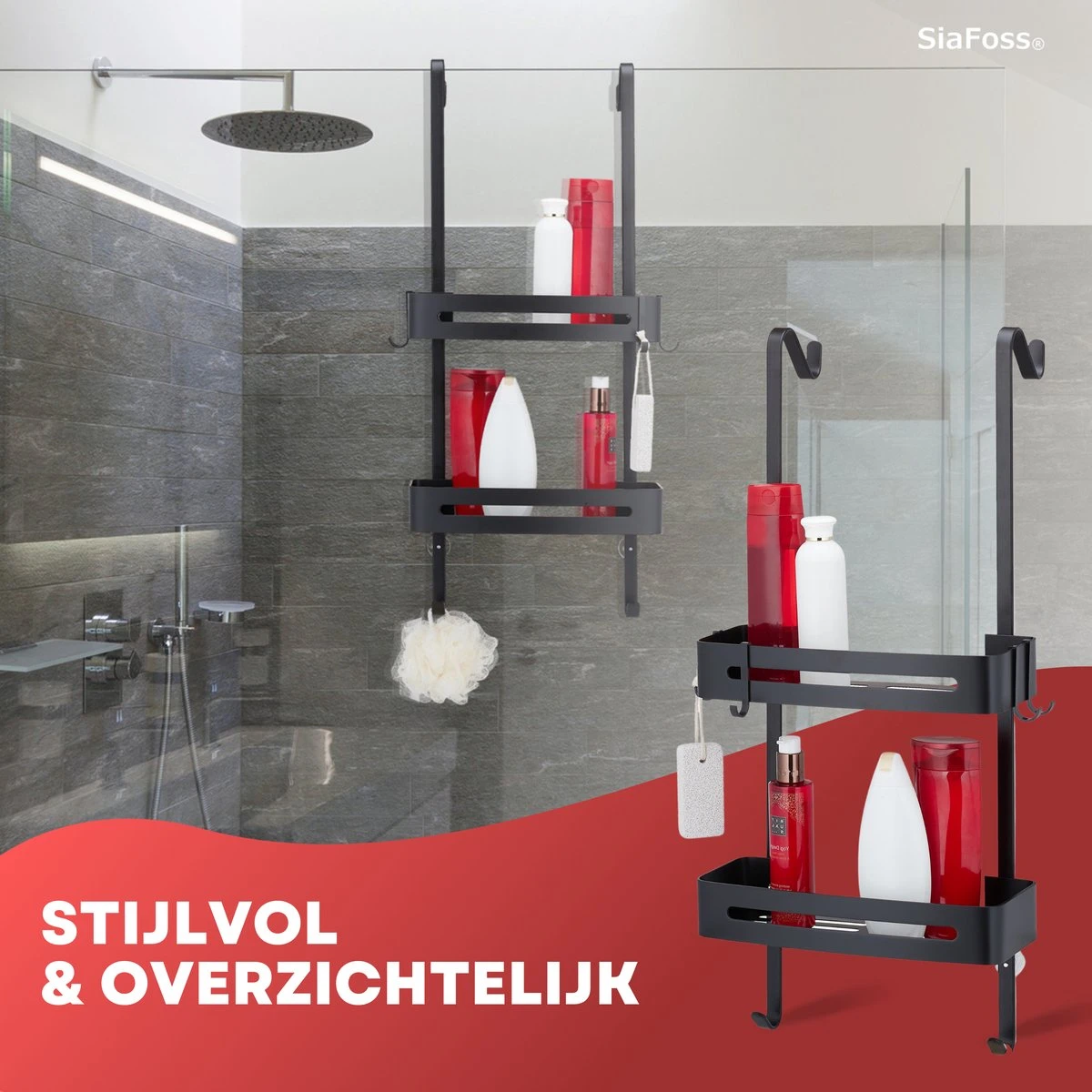 SIAFOSS Doucherek XL Zonder Boren Doucherek Hangend - 100% Stevig - 100% RVS - Hangend Badkamerrekje - Doucherek Aan Douchewand - Badkamer Accessoires - RVS Zwart - 2 Laags - Douchemand 8 SIAFOSS Doucherek XL Zonder Boren Doucherek Hangend - 100% Stevig - 100% RVS - Hangend Badkamerrekje - Doucherek Aan Douchewand - Badkamer Accessoires - RVS Zwart - 2 Laags - Douchemand - Afbeelding 6