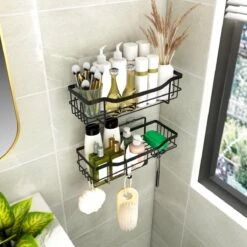 STRICX Doucherek 2 Laags Zwart - Zelfklevend Doucherek Inclusief 3 Ophanghaakjes - Doucherek Voor Badkamer / Keuken - Doucherek Met Plakstrip - Keukenrek Met Plakstrip - Badrek Douche - Kruidenrek Specerijen - Badkamerrek Douchemandje -Badkamerartikelen Winkel 1200x1200 1788