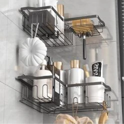 STRICX Doucherekhoek 2 Laags Zwart - Zonder Boren - Zelfklevend Doucherek - Doucherek - Doucherek Voor Badkamer/ Keuken - Doucherek Met Plakstrip - Keukenrek Met Plakstrip - Badrek Douche – Doucherek Hoekvorm - Badkamerrek Douchemandje -Badkamerartikelen Winkel 1200x1200 1802