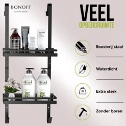 Bonoff Doucherek Zwart – 2 Laags - Doucherek Zonder Boren - Zwart – Doucherek Hangend - Badkamerrek –RVS – Badkamer Accessoires – Stijlvol -Badkamerartikelen Winkel 1200x1200 1906