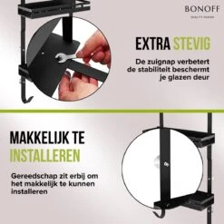 Bonoff Doucherek Zwart – 2 Laags - Doucherek Zonder Boren - Zwart – Doucherek Hangend - Badkamerrek –RVS – Badkamer Accessoires – Stijlvol -Badkamerartikelen Winkel 1200x1200 1907