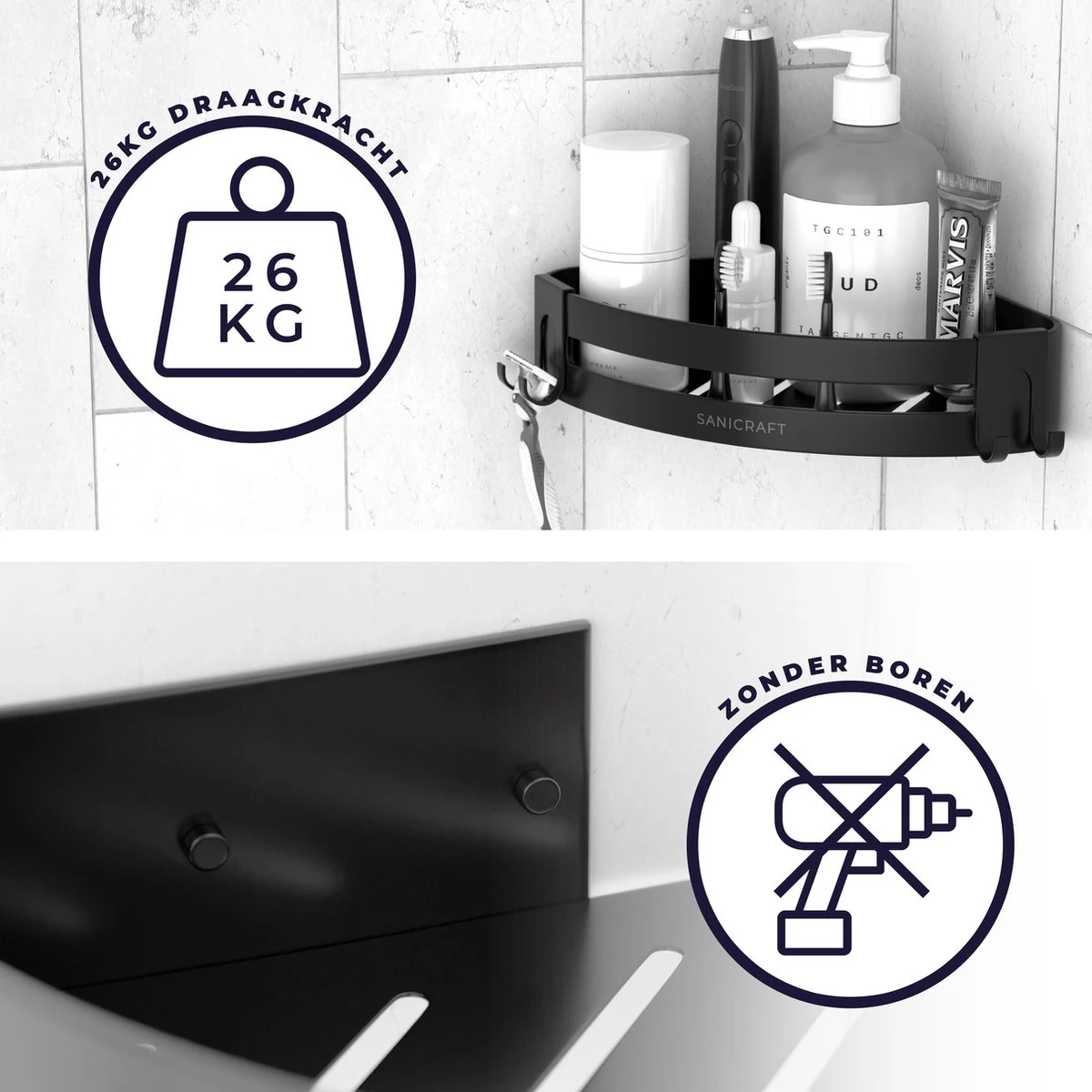 Sanicraft® Doucherekje - Doucherekje Zonder Boren - Geschikt Voor Elk Type Muur - Doucherekje Hangend - Doucheplank - Doucherekje Hoek - Doucherekje Zwart 8 Sanicraft® Doucherekje - Doucherekje Zonder Boren - Geschikt Voor Elk Type Muur - Doucherekje Hangend - Doucheplank - Doucherekje Hoek - Doucherekje Zwart - Afbeelding 6