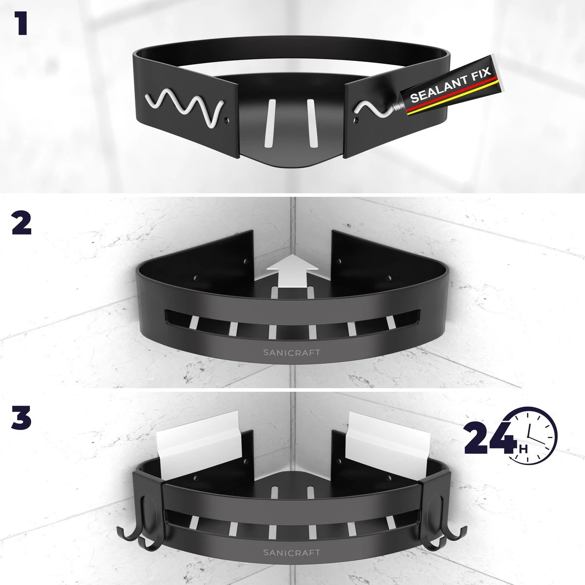 Sanicraft® Doucherekje - Doucherekje Zonder Boren - Geschikt Voor Elk Type Muur - Doucherekje Hangend - Doucheplank - Doucherekje Hoek - Doucherekje Zwart 10 Sanicraft® Doucherekje - Doucherekje Zonder Boren - Geschikt Voor Elk Type Muur - Doucherekje Hangend - Doucheplank - Doucherekje Hoek - Doucherekje Zwart - Afbeelding 8