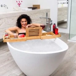 Merkloos Decopatent® Luxe Badplank - Badrekje - Uitschuifbaar 75 Tot 110 Cm - Boekenhouder - Tablethouder - Bamboe Hout Badplankje - Badrek -Badkamerartikelen Winkel 1200x1200 2190
