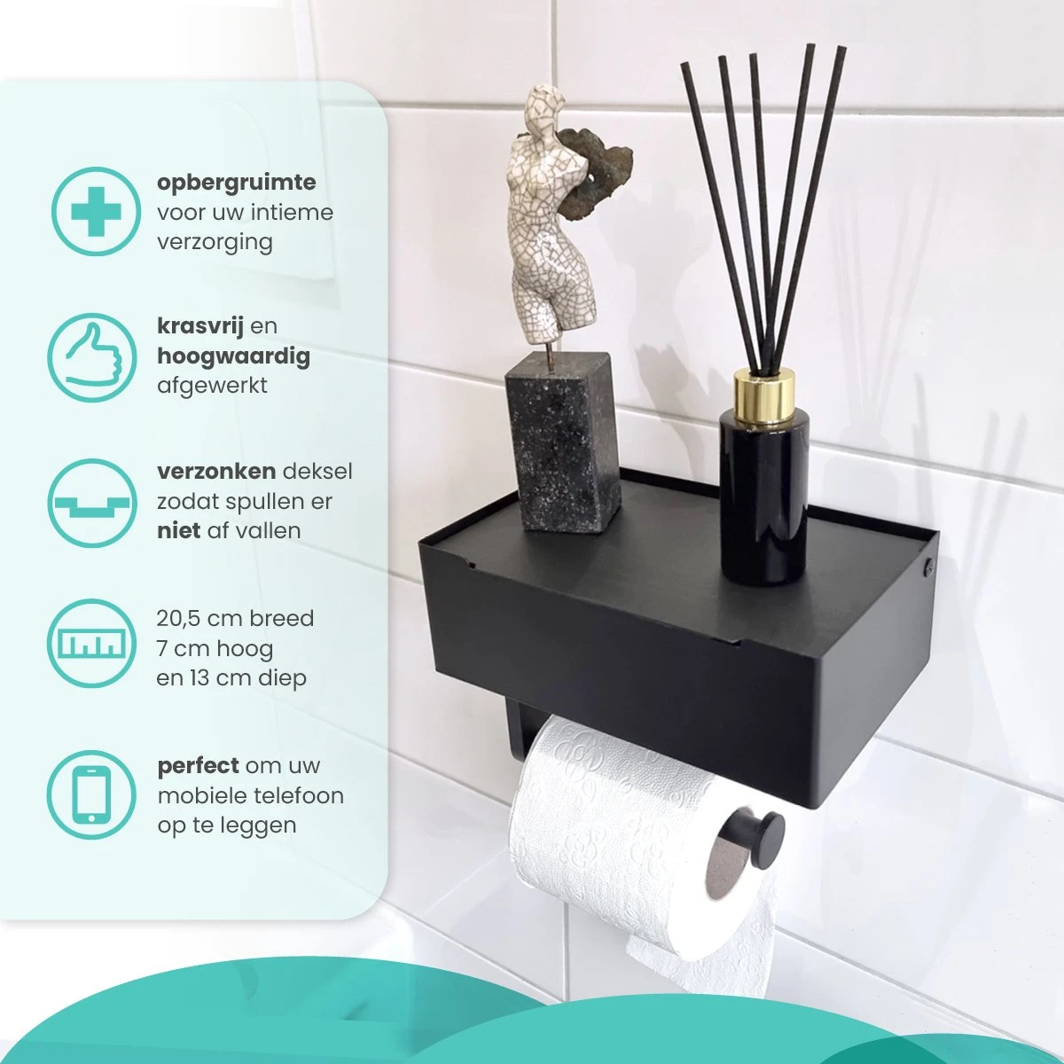 Toiletrolhouder Met Bakje – WC Rolhouder Zwart - Toiletrolhouder Met Extra Opbergruimte 4 Toiletrolhouder Met Bakje – WC Rolhouder Zwart - Toiletrolhouder Met Extra Opbergruimte - Afbeelding 2