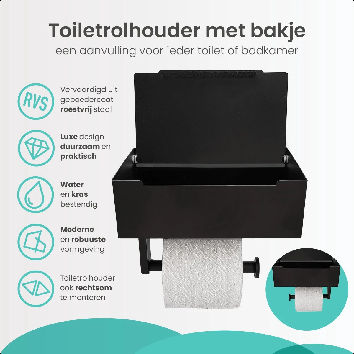 Toiletrolhouder Met Bakje – WC Rolhouder Zwart - Toiletrolhouder Met Extra Opbergruimte 5 Toiletrolhouder Met Bakje – WC Rolhouder Zwart - Toiletrolhouder Met Extra Opbergruimte - Afbeelding 3