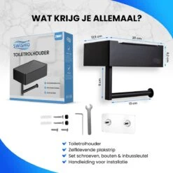 Toiletrolhouder Met Plankje En Bakje - WC Rolhouder Zwart - Opbergvak - Zelfklevend - Zonder Boren - RVS -Badkamerartikelen Winkel 1200x1200 236