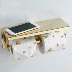 Merkloos TDR - Dubbele Toiletrol Houder - RVS - Met Geïntegreerd Goudkleurig Plankje / Planchet -Badkamerartikelen Winkel 1200x1200 444