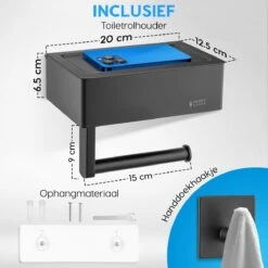 Happy Goods - WC Rolhouder Zonder Boren Zwart - Toiletrolhouder Met Plankje En Bakje RVS - Met Handdoekhaakje -Badkamerartikelen Winkel 1200x1200 454