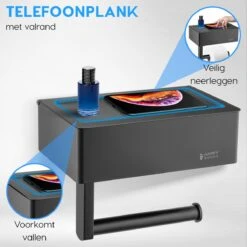 Happy Goods - WC Rolhouder Zonder Boren Zwart - Toiletrolhouder Met Plankje En Bakje RVS - Met Handdoekhaakje -Badkamerartikelen Winkel 1200x1200 455