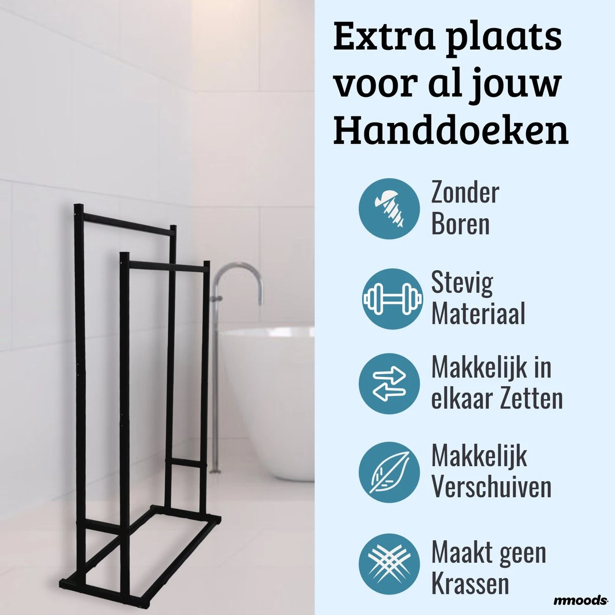 Mmoods XL Handdoekrek 2 Baren Badkamer Zwart - 25 X 50 X 86 Cm - Handdoekenrek Staand Keuken - Handdoekhouder Vrijstaand 2 Dragers 4 Mmoods XL Handdoekrek 2 Baren Badkamer Zwart - 25 X 50 X 86 Cm - Handdoekenrek Staand Keuken - Handdoekhouder Vrijstaand 2 Dragers - Afbeelding 2