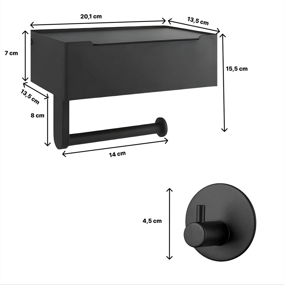 SHATY® WC Rolhouder - Toiletrolhouder - Opbergvak - Bakje - Plankje - Zonder Boren- WC Papier Houder - Toilet Papier Houder - Zwart - Badkameraccessoire - Toiletaccessoire - Inclusief Handoekhaak 4 SHATY® WC Rolhouder - Toiletrolhouder - Opbergvak - Bakje - Plankje - Zonder Boren- WC Papier Houder - Toilet Papier Houder - Zwart - Badkameraccessoire - Toiletaccessoire - Inclusief Handoekhaak - Afbeelding 2