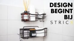 STRICX Doucherek 2 Laags Zwart - Zelfklevend Doucherek Inclusief 3 Ophanghaakjes - Doucherek Voor Badkamer / Keuken - Doucherek Met Plakstrip - Keukenrek Met Plakstrip - Badrek Douche - Kruidenrek Specerijen - Badkamerrek Douchemandje -Badkamerartikelen Winkel 1200x675 9