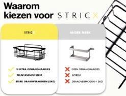 STRICX Doucherek 2 Laags Zwart - Zelfklevend Doucherek Inclusief 3 Ophanghaakjes - Doucherek Voor Badkamer / Keuken - Doucherek Met Plakstrip - Keukenrek Met Plakstrip - Badrek Douche - Kruidenrek Specerijen - Badkamerrek Douchemandje -Badkamerartikelen Winkel 1200x920 2