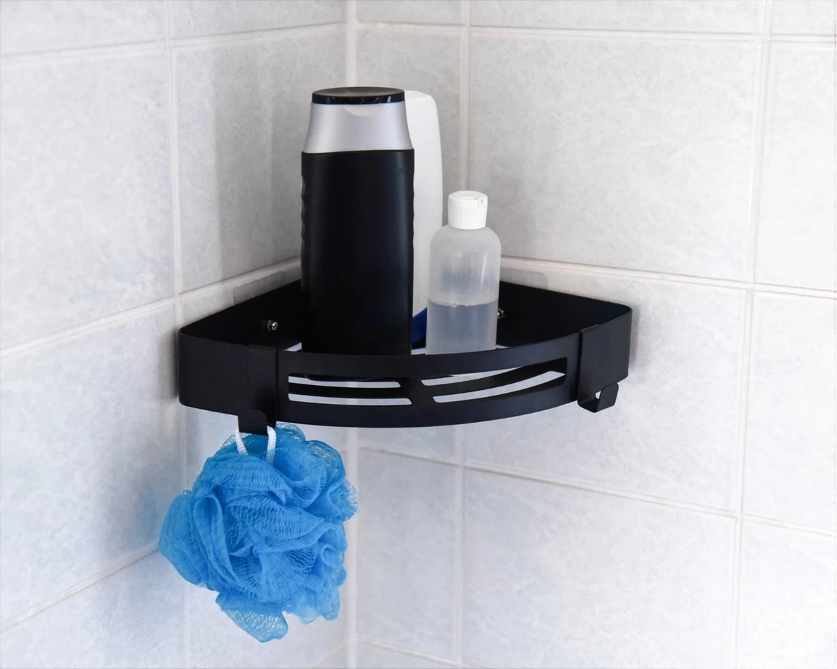 Doucherek Zonder Boren Badkamer Accessoires Zelfklevend | Douchemandje | Badrek | Douche Rek Zwart | Hoekrek Hangend | Blueplato® 5 Doucherek Zonder Boren Badkamer Accessoires Zelfklevend | Douchemandje | Badrek | Douche Rek Zwart | Hoekrek Hangend | Blueplato® - Afbeelding 3