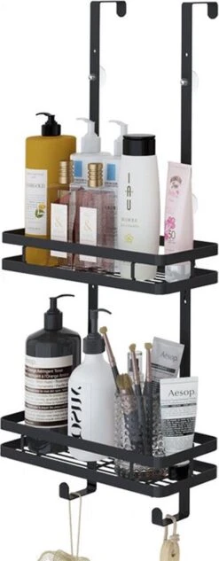 Souiri Doucherek - Stainless Doucherek - Zonder Boren - Doucherek Zwart - Doucherek Hangend - Badkamer Accessoires - RVS - 2 Laags -Badkamerartikelen Winkel 468x1200