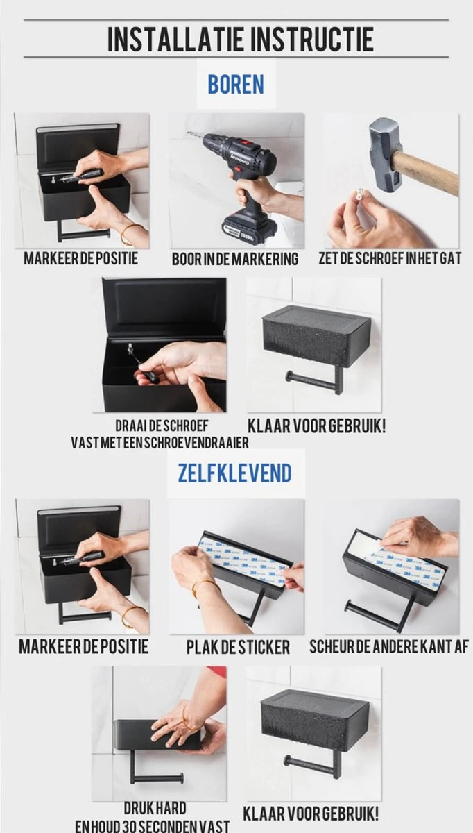 Merkloos Toti - Wc Rolhouder - Opbergvak- Zwart - Met Plankje - Zelfklevend/boren/zonder Boren - Toiletrolhouder 7 Merkloos Toti - Wc Rolhouder - Opbergvak- Zwart - Met Plankje - Zelfklevend/boren/zonder Boren - Toiletrolhouder - Afbeelding 5