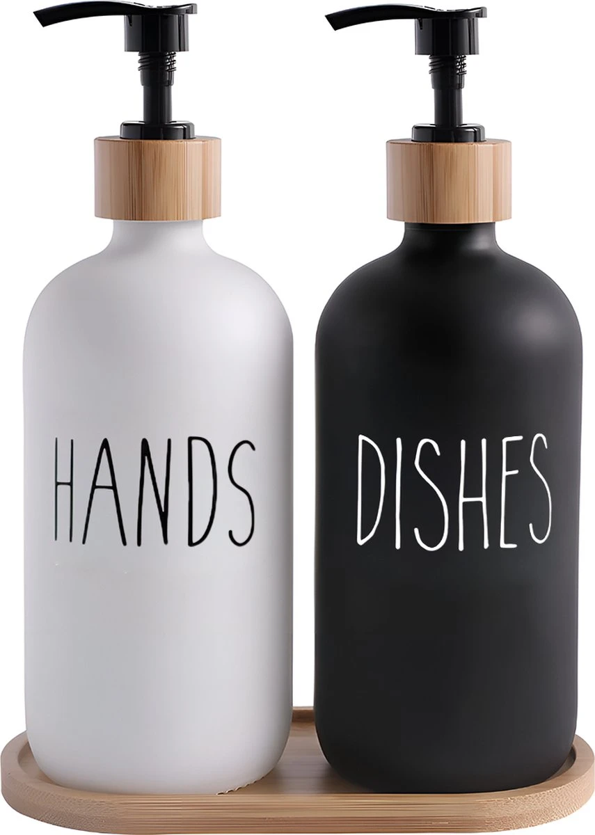 MAESON Glazen Zeepdispener Set Voor Handzeep En Afwasmiddel – Zeeppompje Keuken – Keukenaccesoires - Zwart/Wit 3 MAESON Glazen Zeepdispener Set Voor Handzeep En Afwasmiddel – Zeeppompje Keuken – Keukenaccesoires - Zwart/Wit