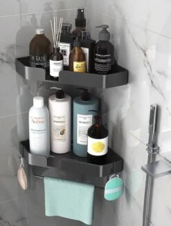 Luxe Doucherek Zonder Boren – 1/2/3 Laags – 32 Cm – Hangend – Aluminium – Zwart -Badkamerartikelen Winkel 907x1200