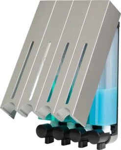 Aquathof, Zeepdispenser, RVS Kleur, 4 Kamer, 4 Reservoirs, 4x500ml, Hangend - Wandmontage -Badkamerartikelen Winkel 976x1200